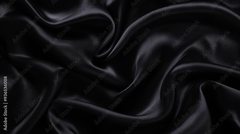 Black satin fabric, with smooth, wavy folds, Black satin fabric, with smooth, wavy folds,