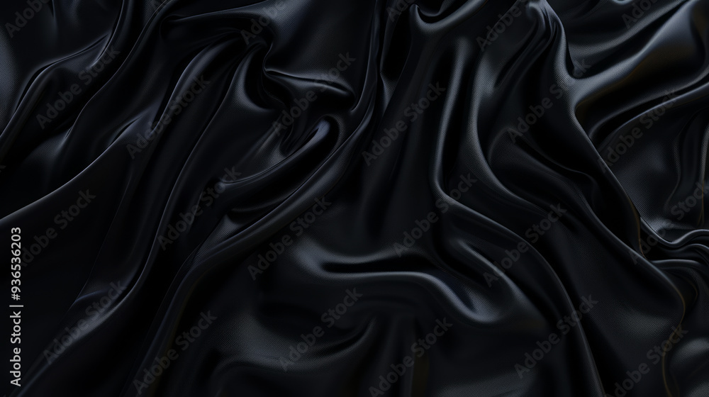Black satin fabric, with smooth, wavy folds, Black satin fabric, with smooth, wavy folds,