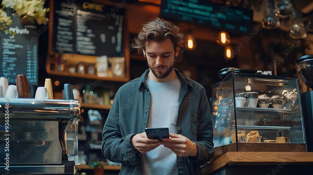 Young professional paying for a coffee with a digital wallet, depicting everyday use of modern finance, Wallet coffee payment, Daily digital finance Young professional paying for a coffee with a digital wallet, depicting everyday use of modern finance, Wallet coffee payment, Daily digital finance