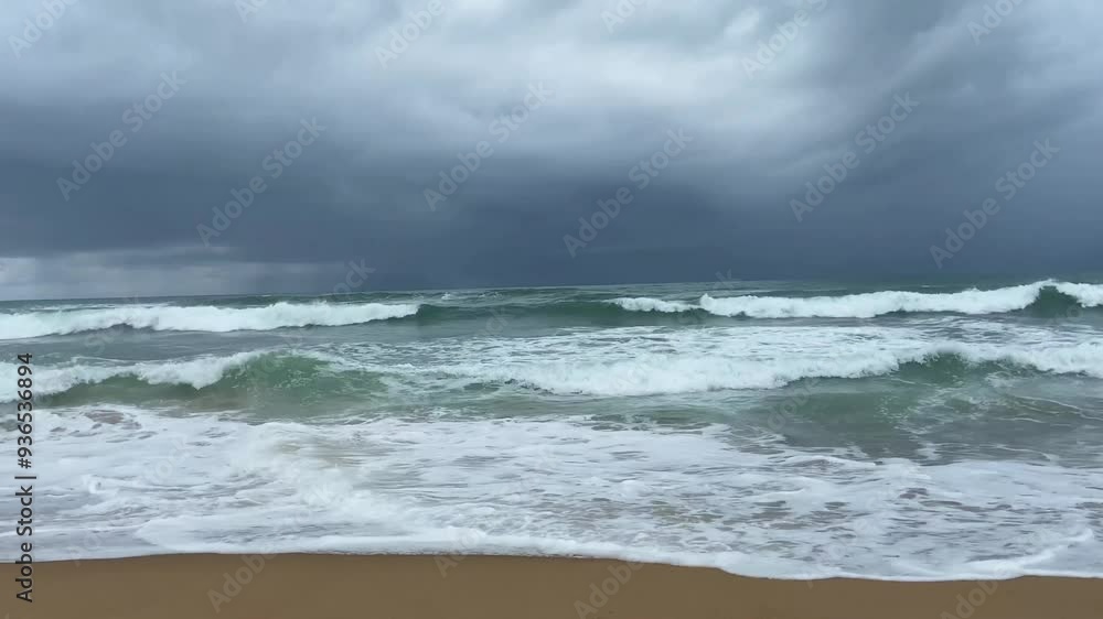 beautiful sea beach Puri Beach India, Raging Storm Unleashing Powerful Waves on Rugged Beach, Dramatic Oceanfront Footage