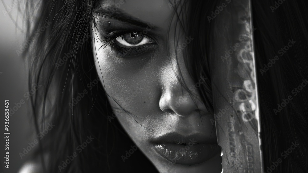 Fototapeta premium Woman With Knife. Horror Black-and-White Image Featuring a Scary Adult with a Blade