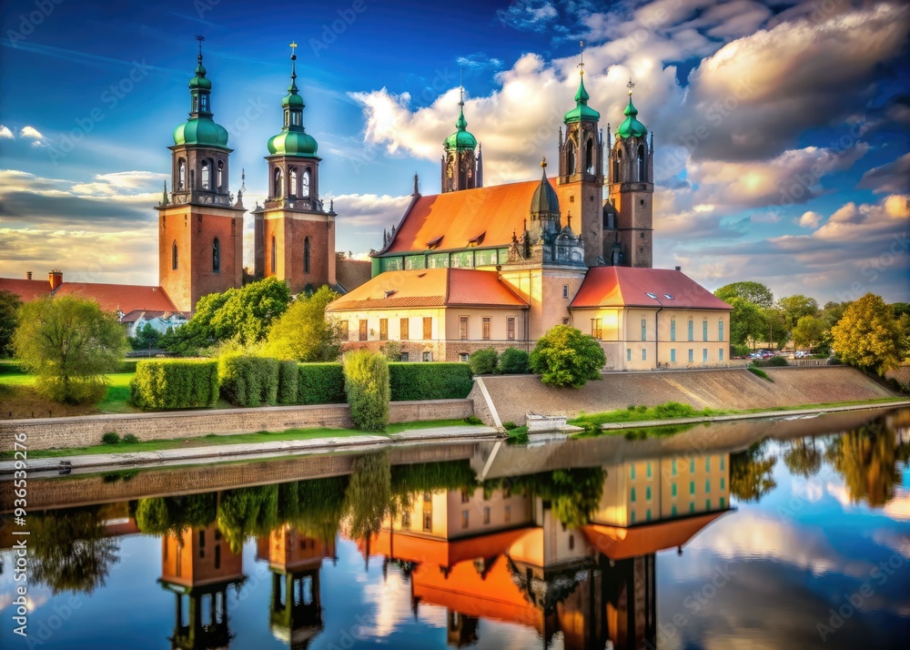 Historic brick Archcathedral Basilica of St. Peter and St. Paul rises majestically beside the Warta River in Poznan, Poland, featuring three grand naves and a profound crypt. Historic brick Archcathedral Basilica of St. Peter and St. Paul rises majestically beside the Warta River in Poznan, Poland, featuring three grand naves and a profound crypt.