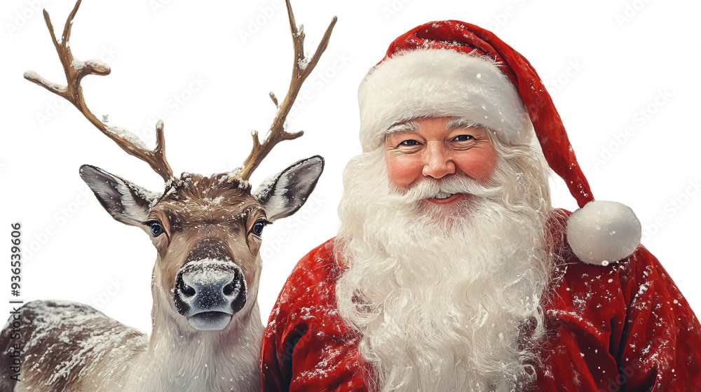 portrait of a smiling santa claus and his reindeer isolated on white background portrait of a smiling santa claus and his reindeer isolated on white background