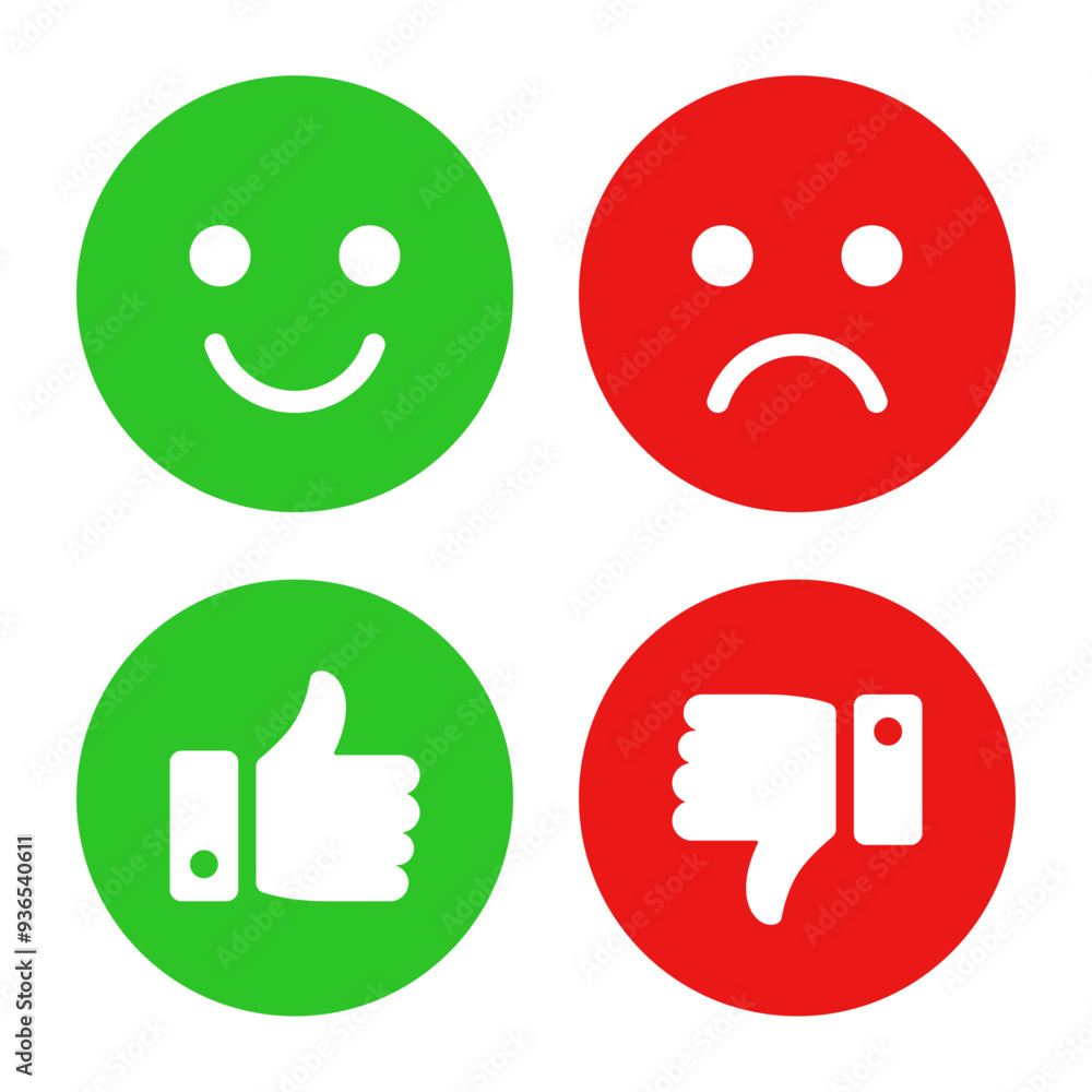 Happy, sad smiley and like, dislike icon symbol in red and green circle ...