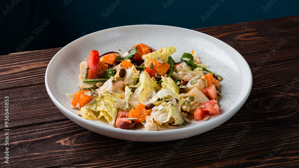 Green salad with pumpkin, tomatoes, beans, onions, lettuce and pumpkin seeds.