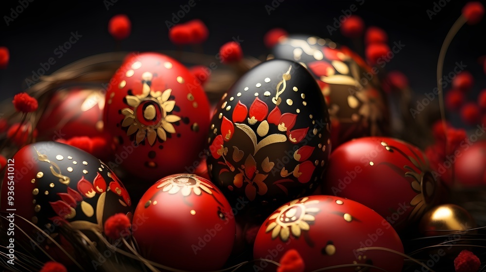 Decorative red and black eggs with intricate gold patterns. Elegant festive design with copy space. Decorative red and black eggs with intricate gold patterns. Elegant festive design with copy space.
