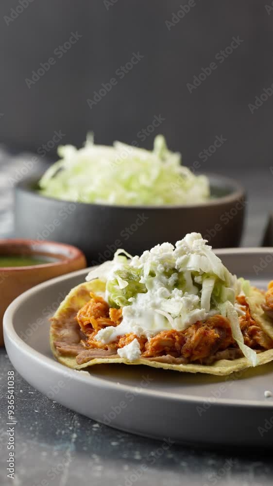 Vertical food video, mexican tostadas served on a gray ceramic plate Vertical food video, mexican tostadas served on a gray ceramic plate