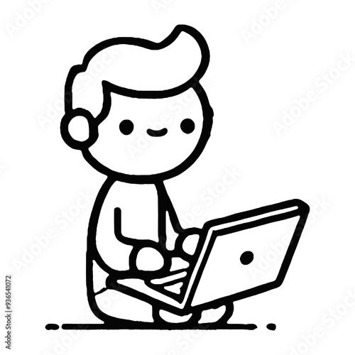 Simple cartoon figure of person sitting behind a laptop photo