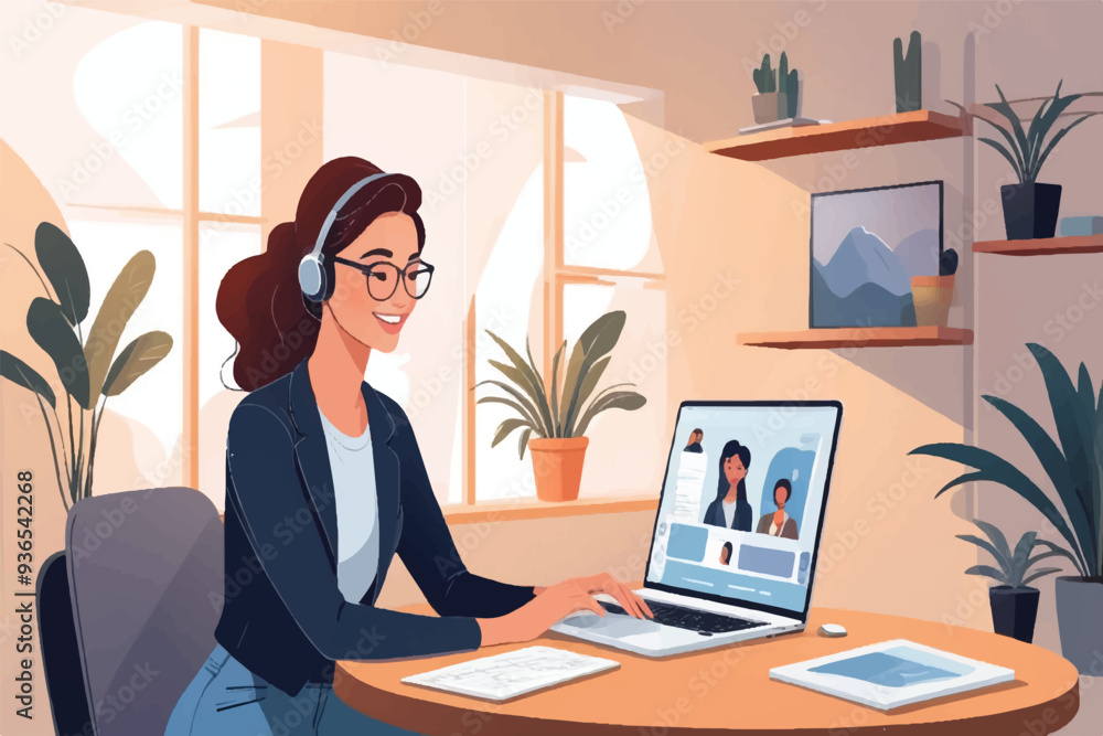 Remote work girl. Freelancer, distance learning or communication. Video conference, chat with friends or family. Online talk, woman at laptop Remote work girl. Freelancer, distance learning or communication. Video conference, chat with friends or family. Online talk, woman at laptop