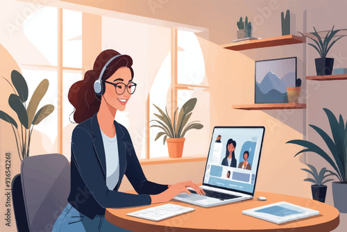 Remote work girl. Freelancer, distance learning or communication. Video conference, chat with friends or family. Online talk, woman at laptop