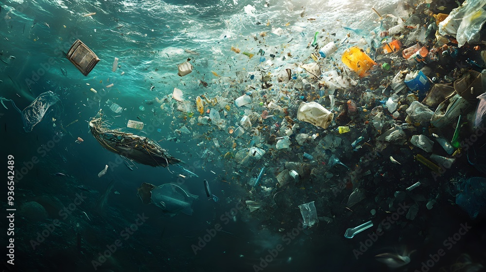 Fototapeta premium A massive amount of plastic and other trash floating underwater, illustrating the severity of ocean pollution and environmental issues.