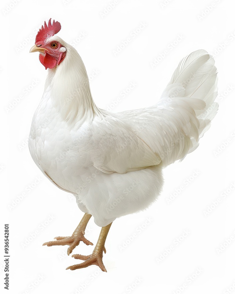 Fototapeta premium White Hen Isolated on White Background. Domestic Poultry Bird Standing on Farm