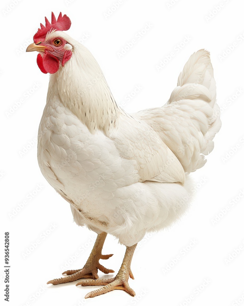 Fototapeta premium White Hen Isolated on White Background. Domestic Farm Animal Standing Proudly