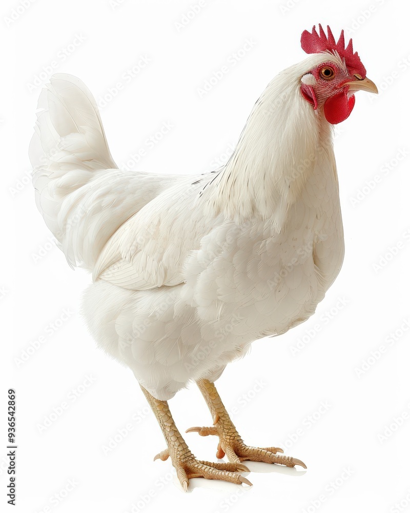 Fototapeta premium White Hen Isolated. Standing Poultry Bird in Farm Animal Concept