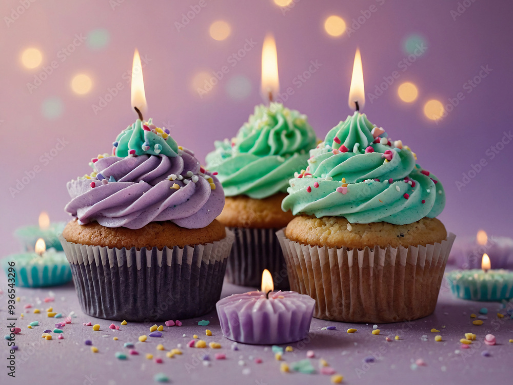 A cute illustration of an array of cupcakes, each decorated with colorful frosting, sprinkles A cute illustration of an array of cupcakes, each decorated with colorful frosting, sprinkles