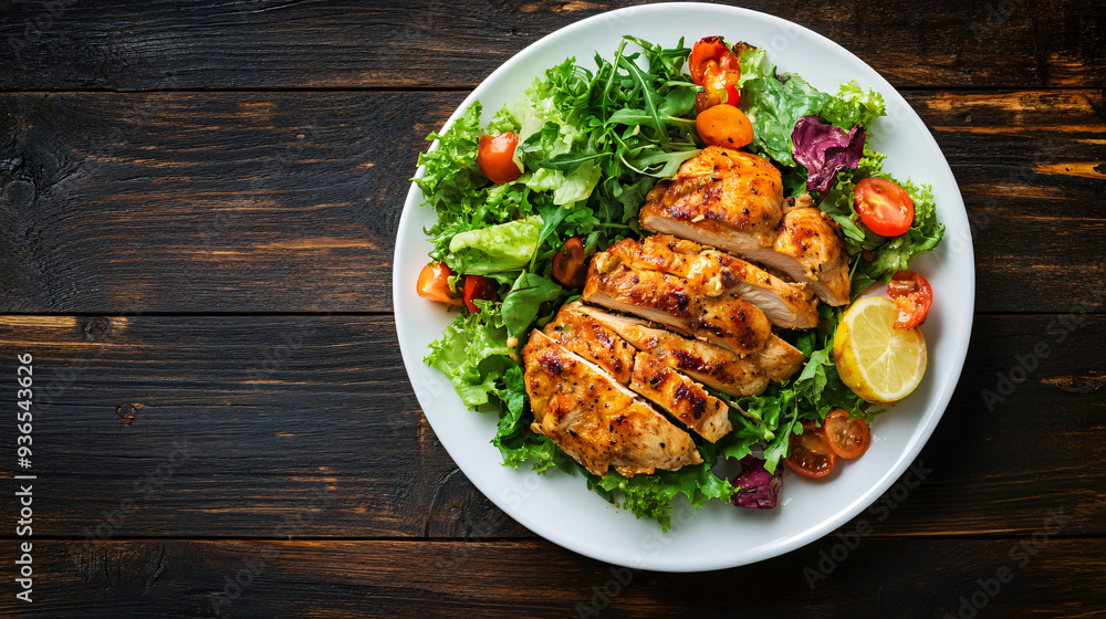 Sliced grilled chicken breast served on a bed of lettuce, arugula, and cherry tomatoes on a rustic wooden table Sliced grilled chicken breast served on a bed of lettuce, arugula, and cherry tomatoes on a rustic wooden table