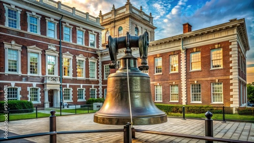 Iconic bronze bell with prominent crack, inscribed with American Declaration of Independence, symbolizing freedom and Independence Hall's historic significance in Philadelphia. photo