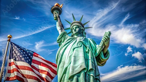 Iconic copper statue stands tall on Liberty Island, torch aloft, with American flag waving proudly in the foreground against a clear blue summer sky. photo