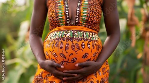 Wallpaper Mural A pregnant woman in a colorful traditional outfit stands in a lush green field, cradling her baby bump under the warm afternoon sun Torontodigital.ca