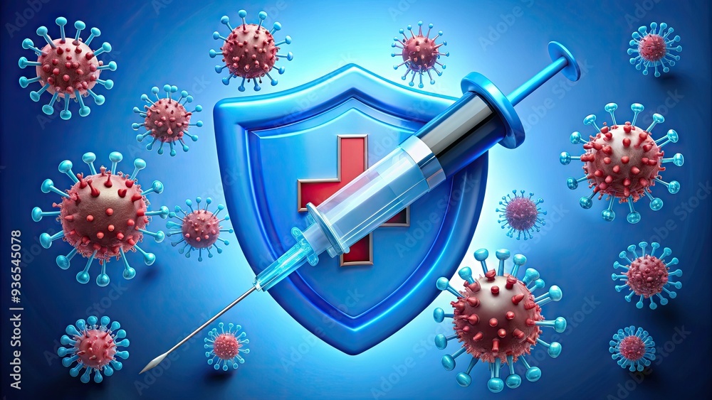 Illustrated blue syringe with a shield and red cross, surrounded by tiny viruses, highlighting the importance of vaccination against influenza. Illustrated blue syringe with a shield and red cross, surrounded by tiny viruses, highlighting the importance of vaccination against influenza.
