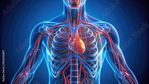 Illustration of the human circulatory system, showcasing the double circulation process of oxygenated and deoxygenated blood flow through the heart and lungs. photo