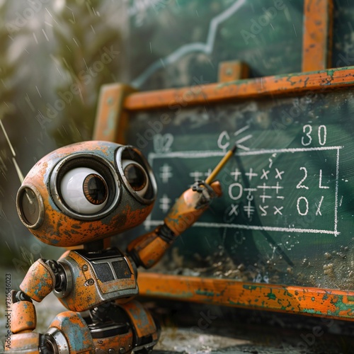 Cute robot is writing  on a blackboard