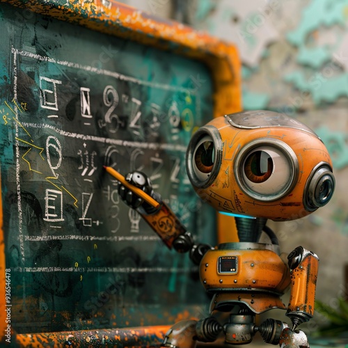 Cute robot is writing on a blackboard