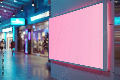 A brightly lit, empty pink billboard in a modern shopping mall ideal for advertising, marketing, or promotional purposes in a retail environment featuring vivid lights and contemporary design,