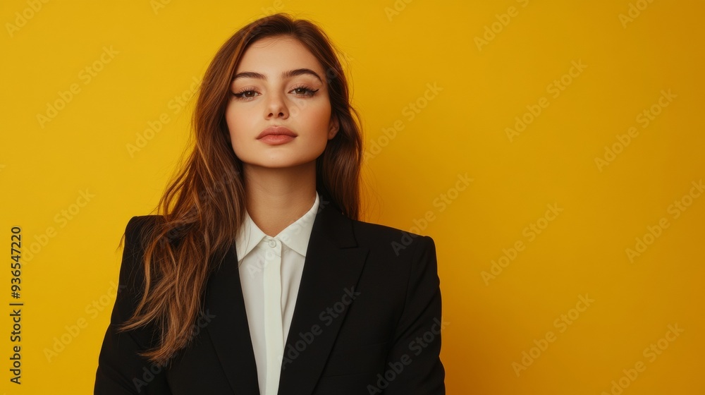 A young business woman on a yellow background A young business woman on a yellow background