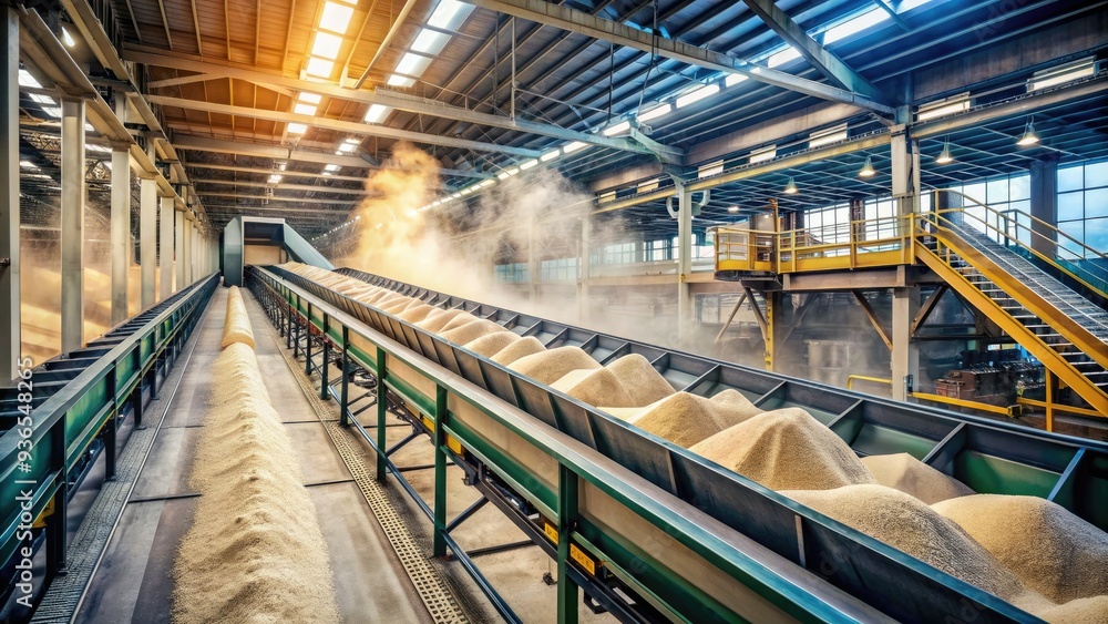 Industrial conveyor belt system transporting dusty raw materials, powdery substances, and grains in a factory or warehouse, with dust clouds and particles surrounding the machinery. Industrial conveyor belt system transporting dusty raw materials, powdery substances, and grains in a factory or warehouse, with dust clouds and particles surrounding the machinery.