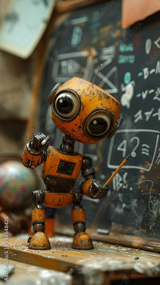 Cute robot is writing on a chalkboard Cute robot is writing on a chalkboard