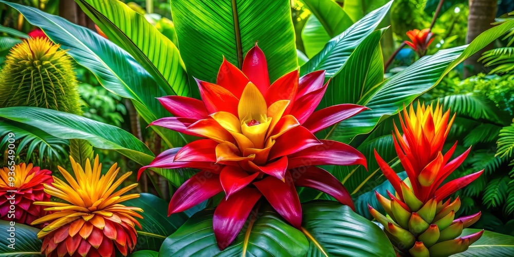 Fototapeta premium * Exotic flowers burst forth in a vibrant display of lush greenery and radiant colors, filling the air with a sweet, heady scent.