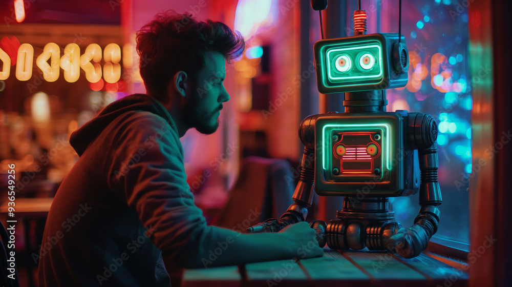 A lonely man communicates with a robot A lonely man communicates with a robot