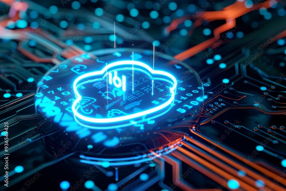 Fototapeta premium Glowing Cloud Computing Icon on Futuristic Circuit Board, Data Security and Innovation Concept