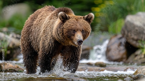 A detailed close-up of a brown bear walking through a shallow stream in a lush forest during the daytime in a serene natural habitat