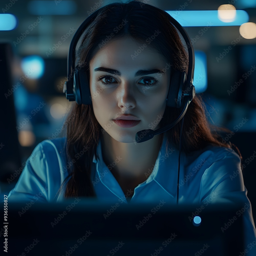 A diligent female call center agent sits at her computer, Diligent female call center agent A diligent female call center agent sits at her computer, Diligent female call center agent