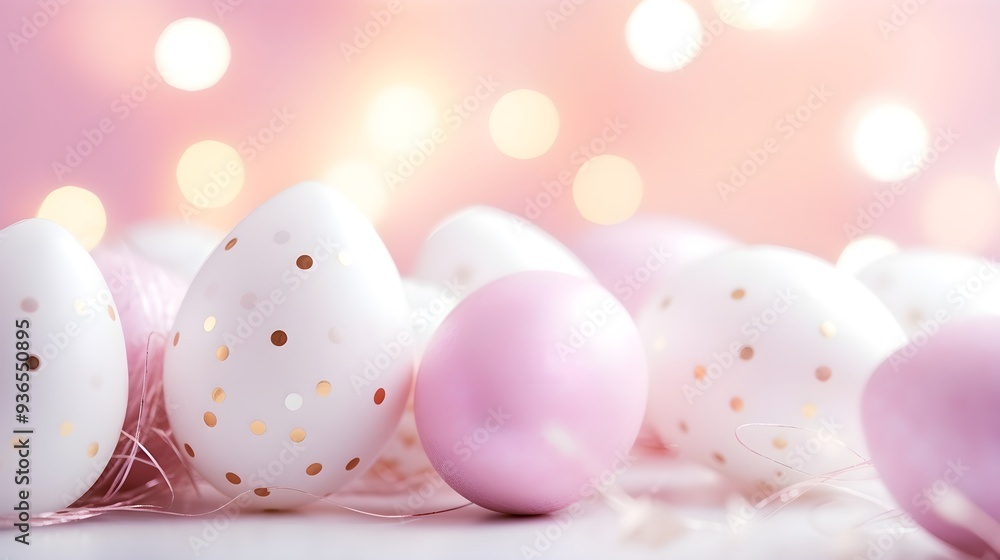 Golden speckled Easter eggs on soft pink background with bokeh lights. Festive and decorative theme. Golden speckled Easter eggs on soft pink background with bokeh lights. Festive and decorative theme.