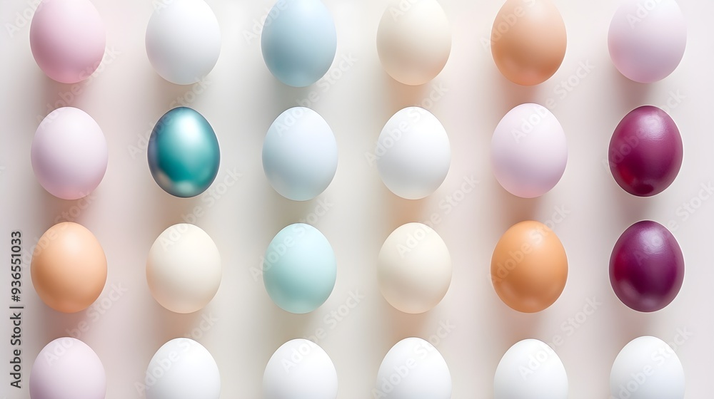 Colorful eggs arranged in rows on a pastel background, Easter celebration concept. Colorful eggs arranged in rows on a pastel background, Easter celebration concept.