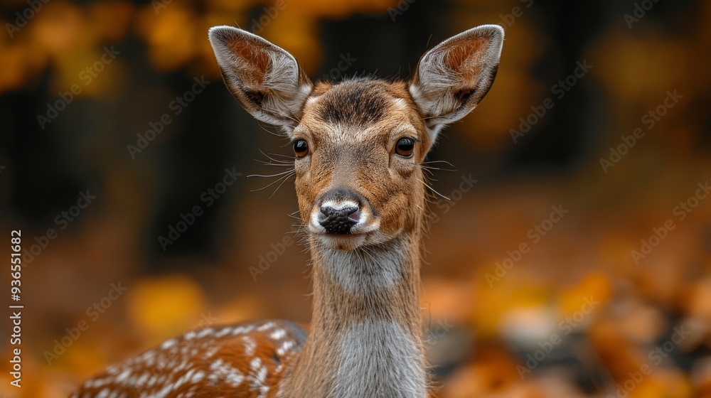 A young deer gazes curiously as autumn leaves create a vibrant backdrop in a serene forest, showcasing nature's beauty during the fall season A young deer gazes curiously as autumn leaves create a vibrant backdrop in a serene forest, showcasing nature's beauty during the fall season