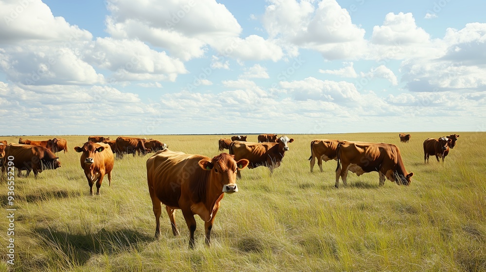 Cows grazing in a sunny field under a blue sky with fluffy clouds