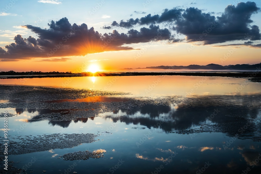 Peaceful scene of sunset over calm waters with no distractions Peaceful scene of sunset over calm waters with no distractions