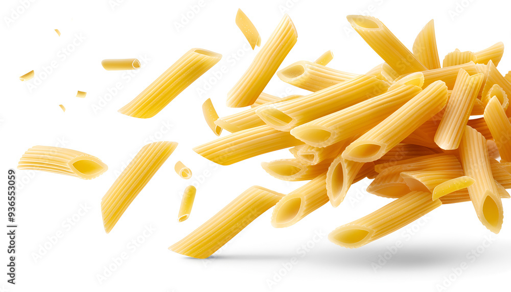Falling italian penne rigate pasta isolated on white background with clipping path Falling italian penne rigate pasta isolated on white background with clipping path