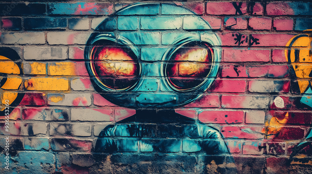 Obraz premium Pop art comic street graffiti with a retro alien in on a brick wall.