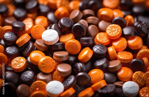 Candies orange , white and brown with spider web decor for the Halloween holiday. Halloween candy background.