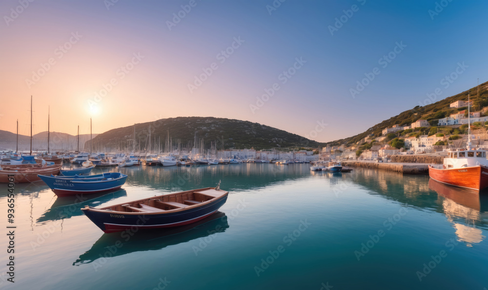 A peaceful harbor with several small boats docked at the end of a calm, blue bay in the early morning