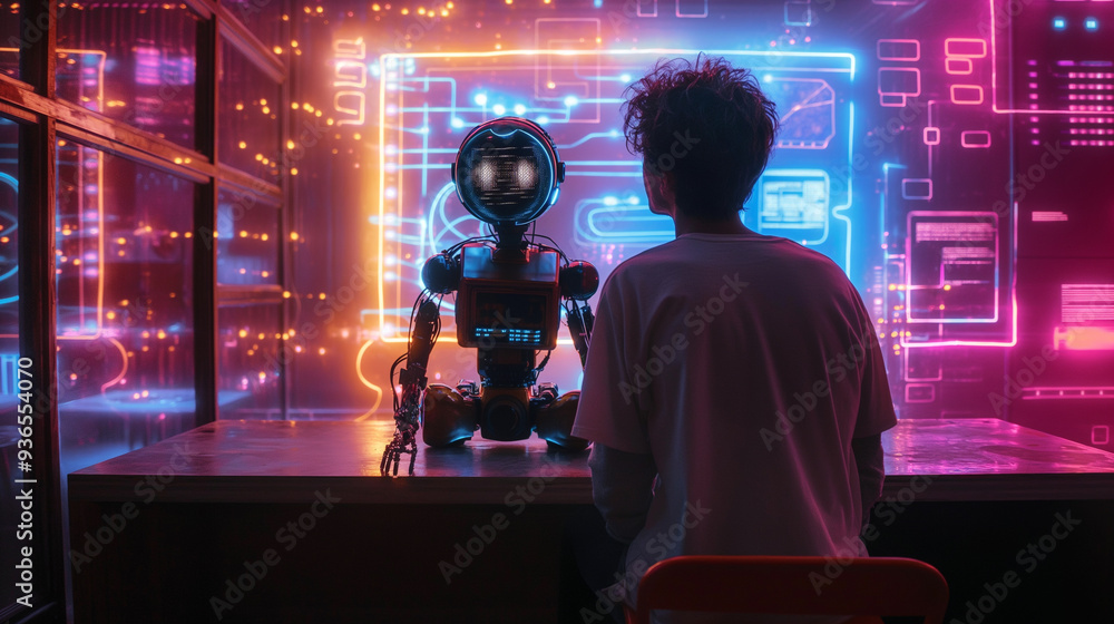 A lonely man communicates with a robot A lonely man communicates with a robot