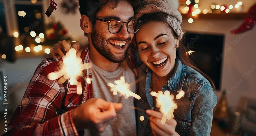 Fototapeta premium A joyful couple enjoys sparklers together among festive decorations and warm lights, creating lasting memories