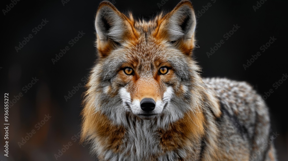 A close-up view of a coyote standing in a natural habitat, showcasing its striking fur and intense gaze during the early morning hours A close-up view of a coyote standing in a natural habitat, showcasing its striking fur and intense gaze during the early morning hours