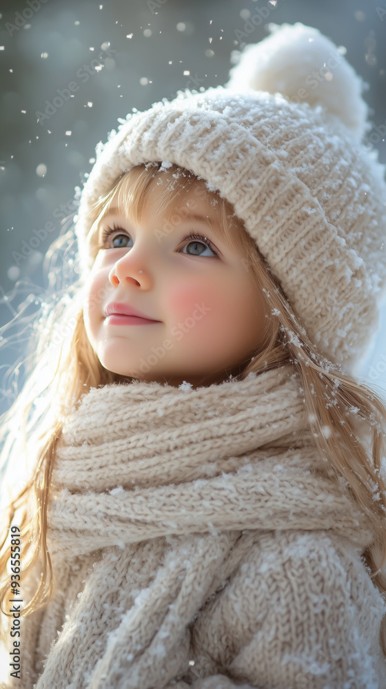 A close-up portrait of a young child gazing upward with wide, sparkling eyes, full of wonder as snowflakes gently fall around them. The child is warmly dressed in a thick, cozy knit hat and scarf A close-up portrait of a young child gazing upward with wide, sparkling eyes, full of wonder as snowflakes gently fall around them. The child is warmly dressed in a thick, cozy knit hat and scarf