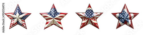 set of A 3D glossy star with American flag pattern on a transparent background 